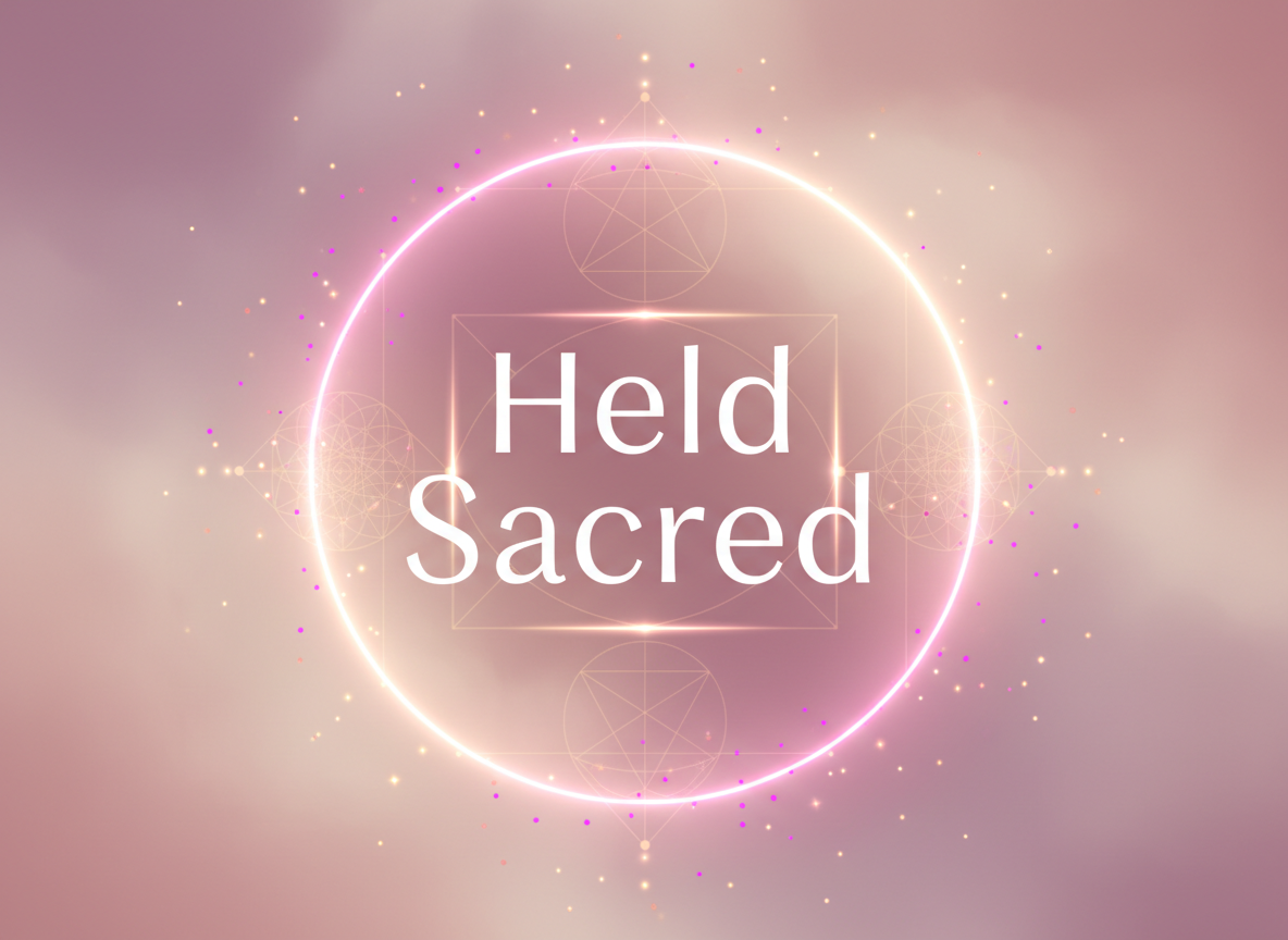 Luminous sacred geometry circle with the words Held Sacred